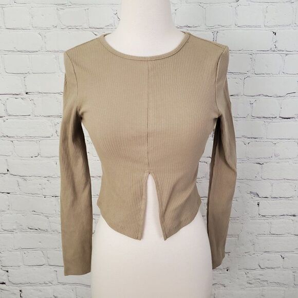 ASOS Used Design Split Front Long Sleeve Top Tan 4 - Picture 2 of 7